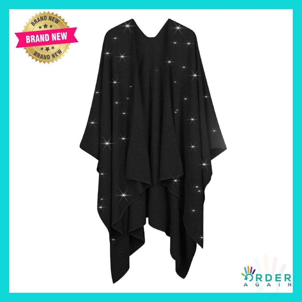 Rhinestone Embellished Open Front Poncho Shawl Wrap Cape Cardigan Elegant
